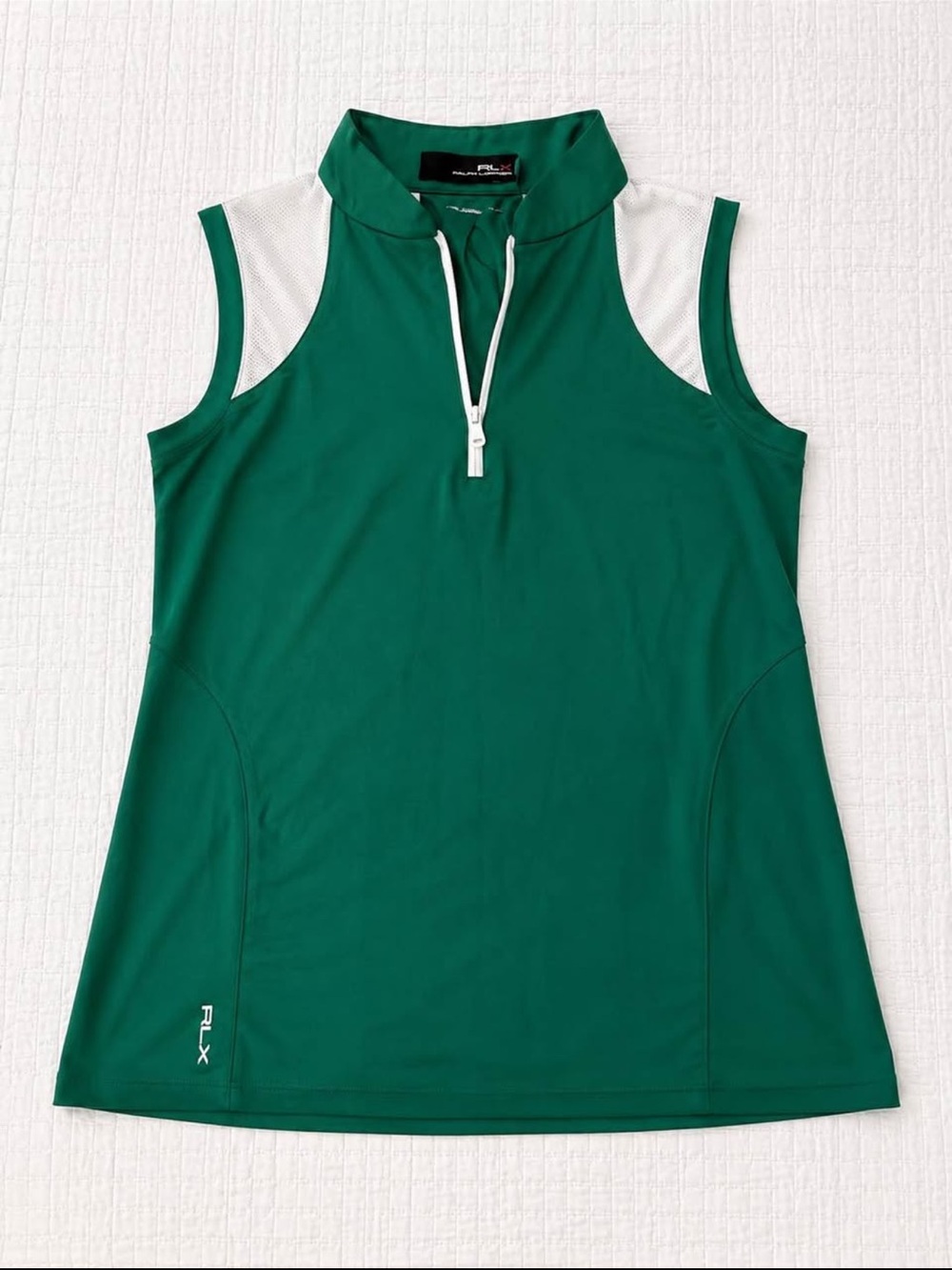 RLX Ralph Lauren Emerald Green Sleeveless Zip Golf Polo with White Accents